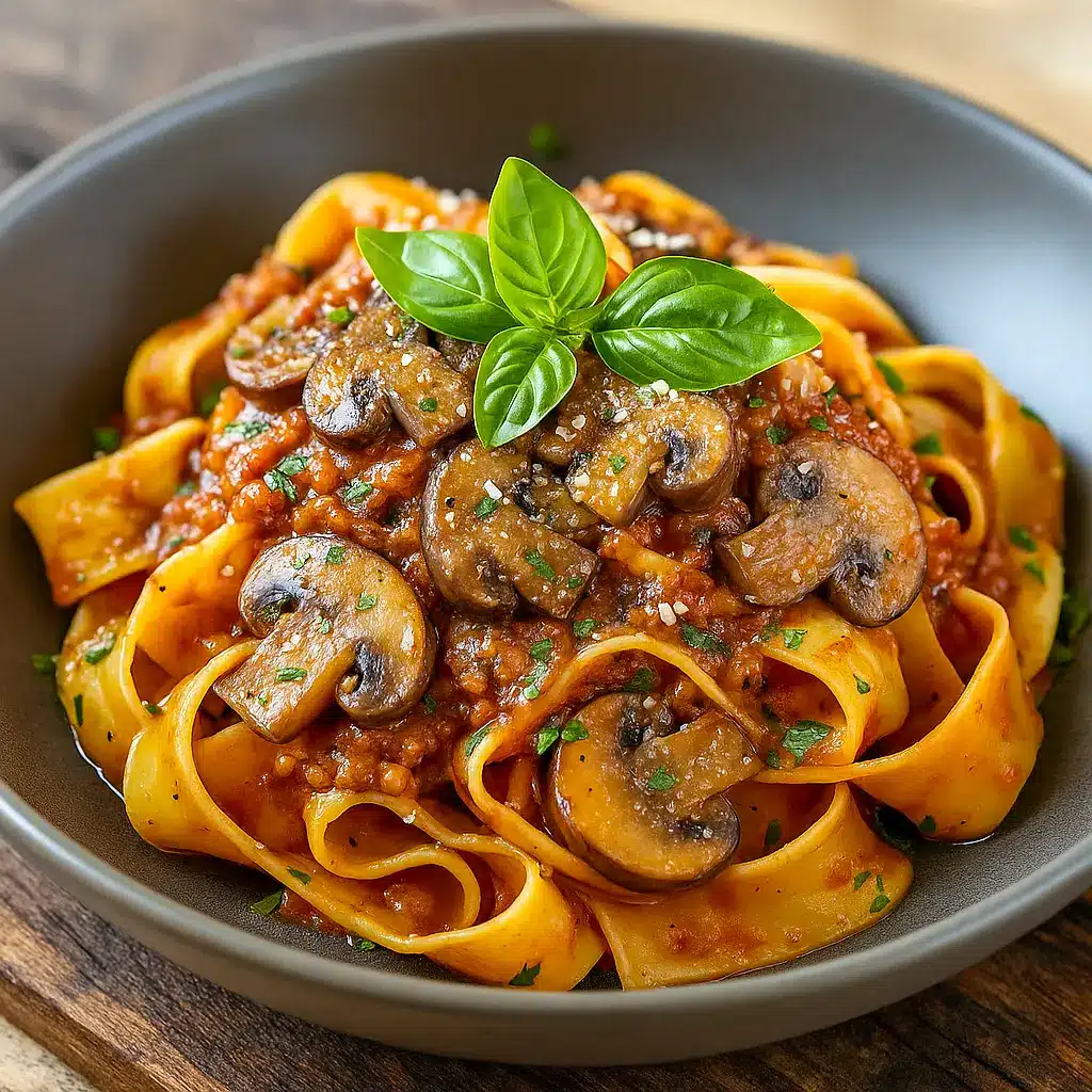 Plate of Mushroom Pappardelle with rich Mushroom Ragu served hot, showcasing a delicious Pappardelle Pasta dinner, perfect Pappardelle Recipe for cozy nights, and ideal for Pasta Side Dishes.