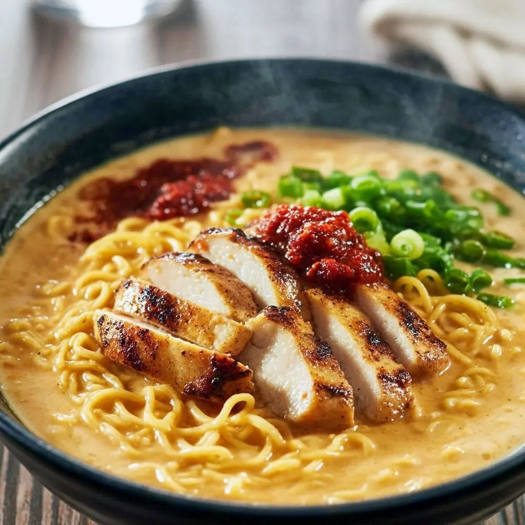 Close-up of a Ramen Noodles Chicken bowl topped with fiery garlic cream sauce, soft-boiled egg, green onions, and sesame seeds — a spicy twist on Yummy Easy Dinner Recipes Healthy, inspired by Pho Ramen Noodle Recipes and perfect for Food Ideas For Dinner Chicken nights.
