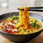 Close-up of a Ramen Noodles Chicken bowl topped with fiery garlic cream sauce, soft-boiled egg, green onions, and sesame seeds — a spicy twist on Yummy Easy Dinner Recipes Healthy, inspired by Pho Ramen Noodle Recipes and perfect for Food Ideas For Dinner Chicken nights.