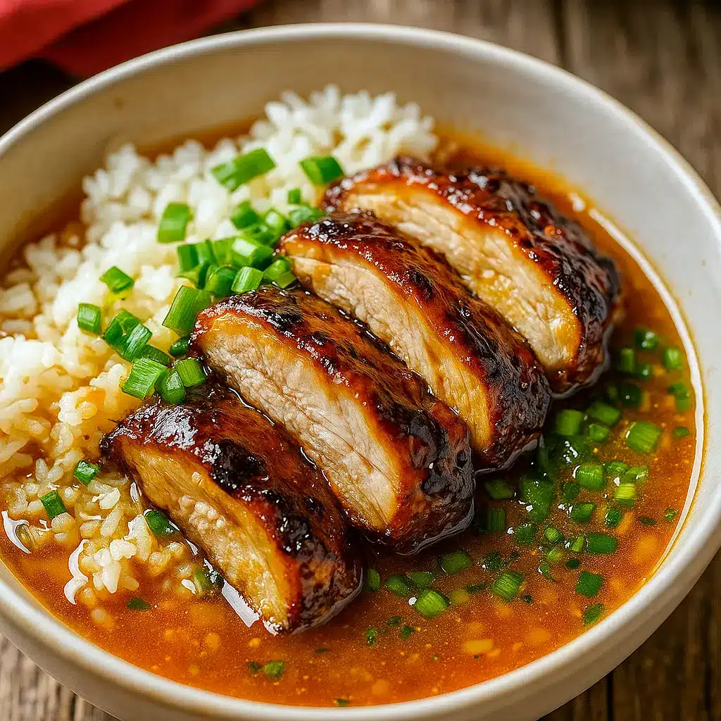 A bowl of tender Soy Chicken served in rich garlic ginger broth with rice and herbs — a comforting meal perfect for Chicken Dishes and Asian Dishes lovers looking for cozy Chicken Dinner Recipes.