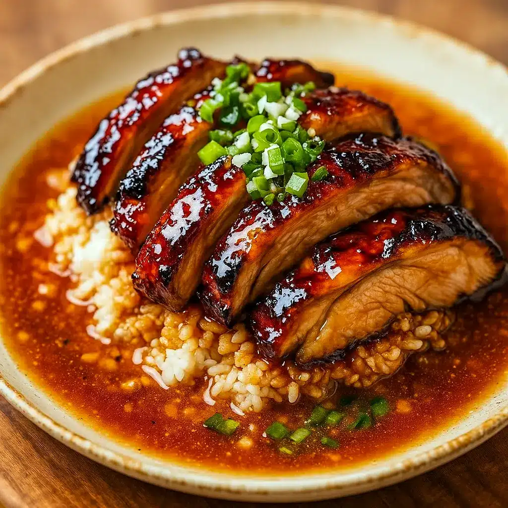 A bowl of tender Soy Chicken served in rich garlic ginger broth with rice and herbs — a comforting meal perfect for Chicken Dishes and Asian Dishes lovers looking for cozy Chicken Dinner Recipes.