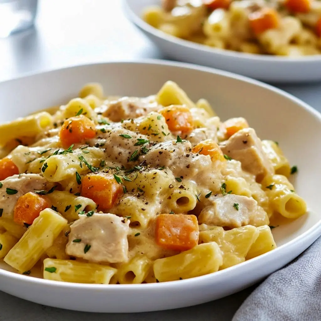 Bowl of Creamy Chicken Pot Pie pasta with egg noodles, shredded chicken, and veggies in a rich sauce — a cozy comfort food favorite for Pasta Dinner Recipes, perfect One Pot Meals, and easy Chicken Dinner Recipes nights.