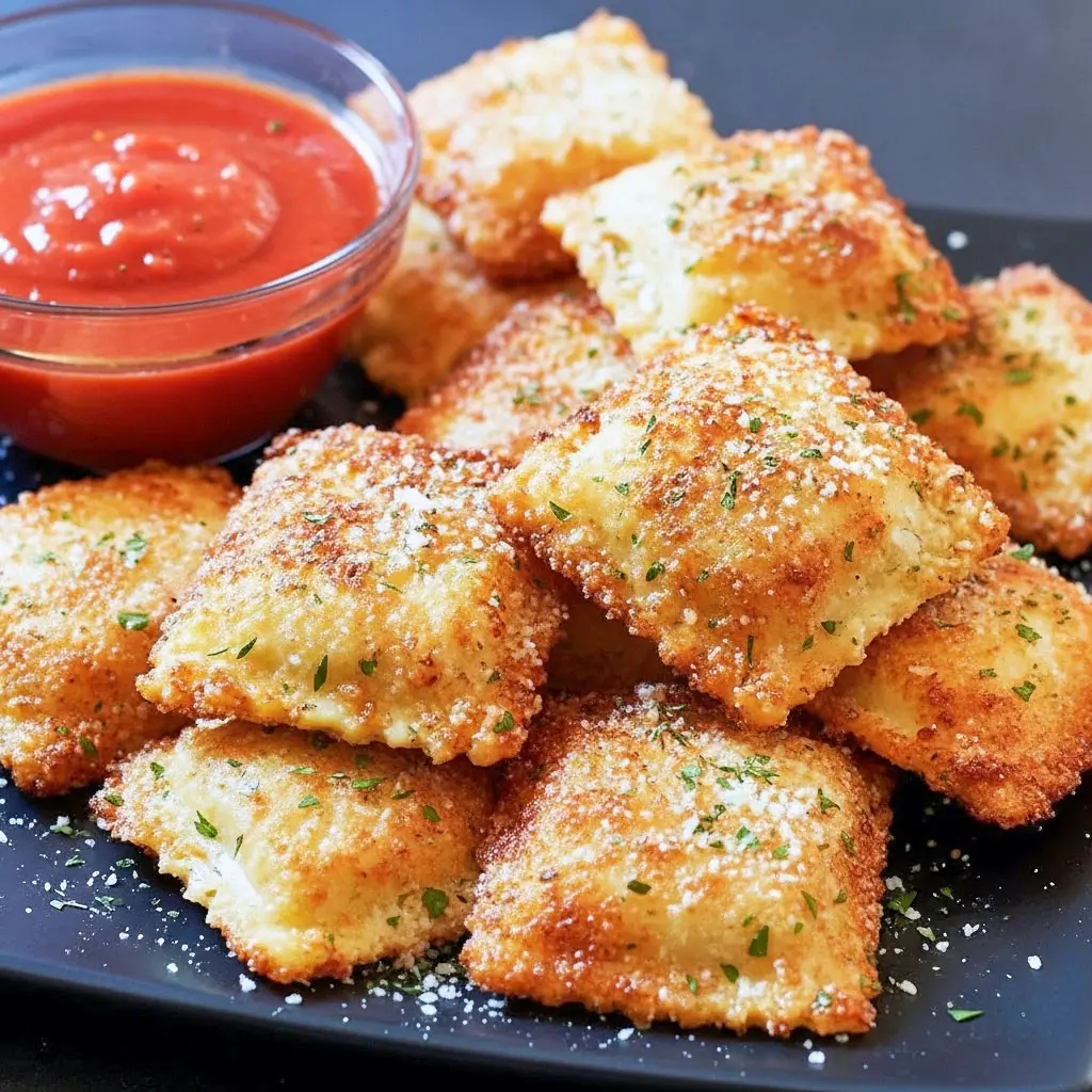 Plate of Air Fryer Ravioli served with marinara sauce—golden brown, crunchy Crispy Toasted Ravioli perfect for Noodle Appetizers or cozy Appy Dinner Ideas.