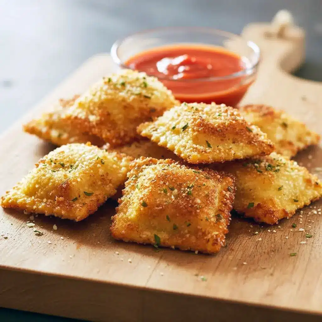 Plate of Air Fryer Ravioli served with marinara sauce—golden brown, crunchy Crispy Toasted Ravioli perfect for Noodle Appetizers or cozy Appy Dinner Ideas.
