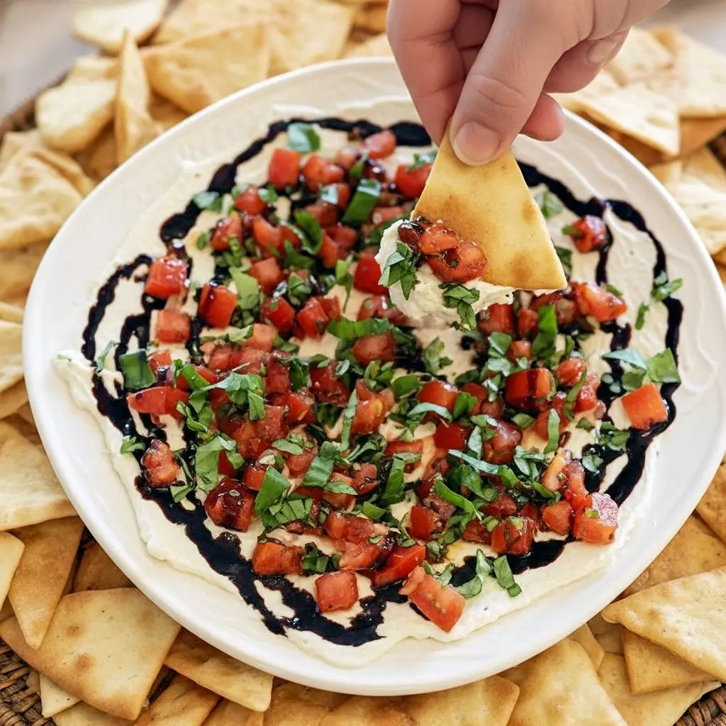 A platter of Tomato Basil Dip, a Cheesy Bruschetta Dish made with creamy herbed cheese, chopped tomatoes, fresh basil, and a drizzle of balsamic glaze—perfect for Bread And Dip Appetizers or Bruschetta Appetizer Party Ideas.
