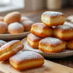 Fluffy French Beignets Recipe dusted with powdered sugar on a wooden board, showing golden, airy texture – a must-try for fans of Authentic French Desserts and anyone learning How To Make French Pastries at home.