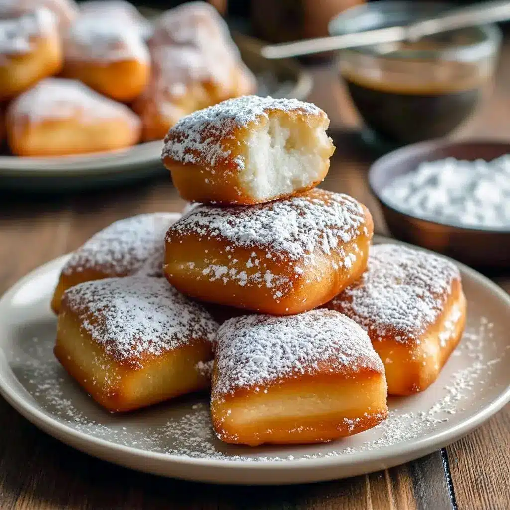 Fluffy French Beignets Recipe dusted with powdered sugar on a wooden board, showing golden, airy texture – a must-try for fans of Authentic French Desserts and anyone learning How To Make French Pastries at home.