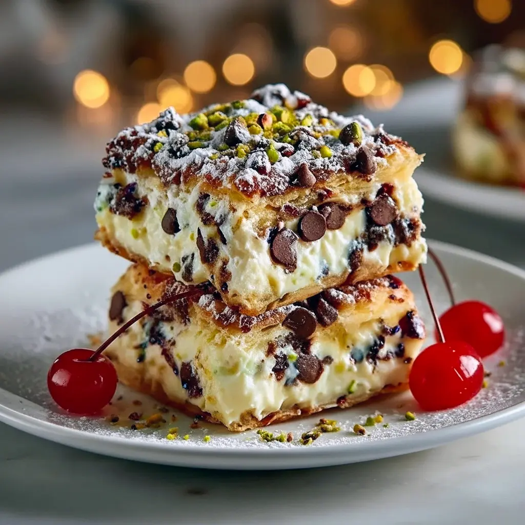 Plate of Best Italian Desserts — square ricotta-filled cannoli bars topped with chopped pistachios and chocolate chips, a tidy example of Squares Recipes and a crowd-pleasing Dessert For Italian Dinner.