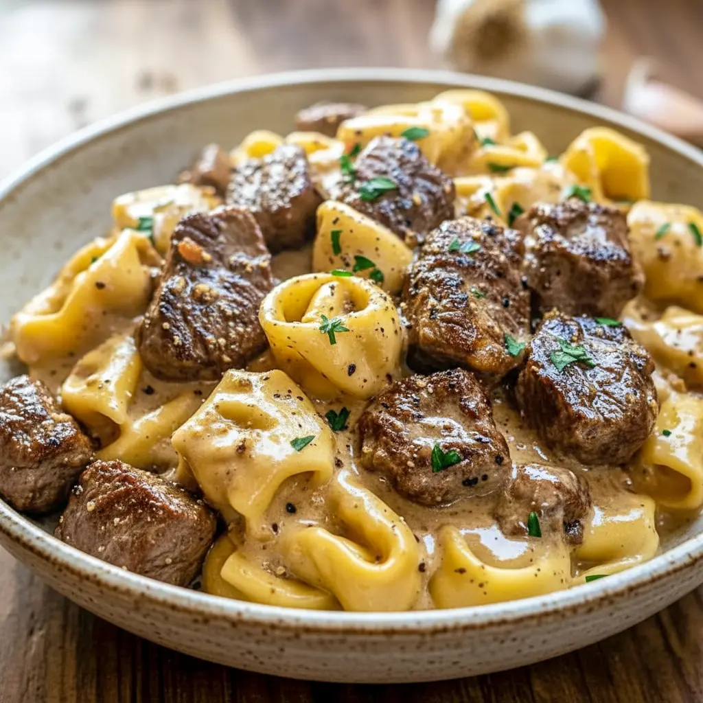 Close-up of seared Garlic Steak and cheesy Tortellini coated in creamy sauce, steaming in a cast-iron Skillet — ideal for cozy Weeknight Meals.