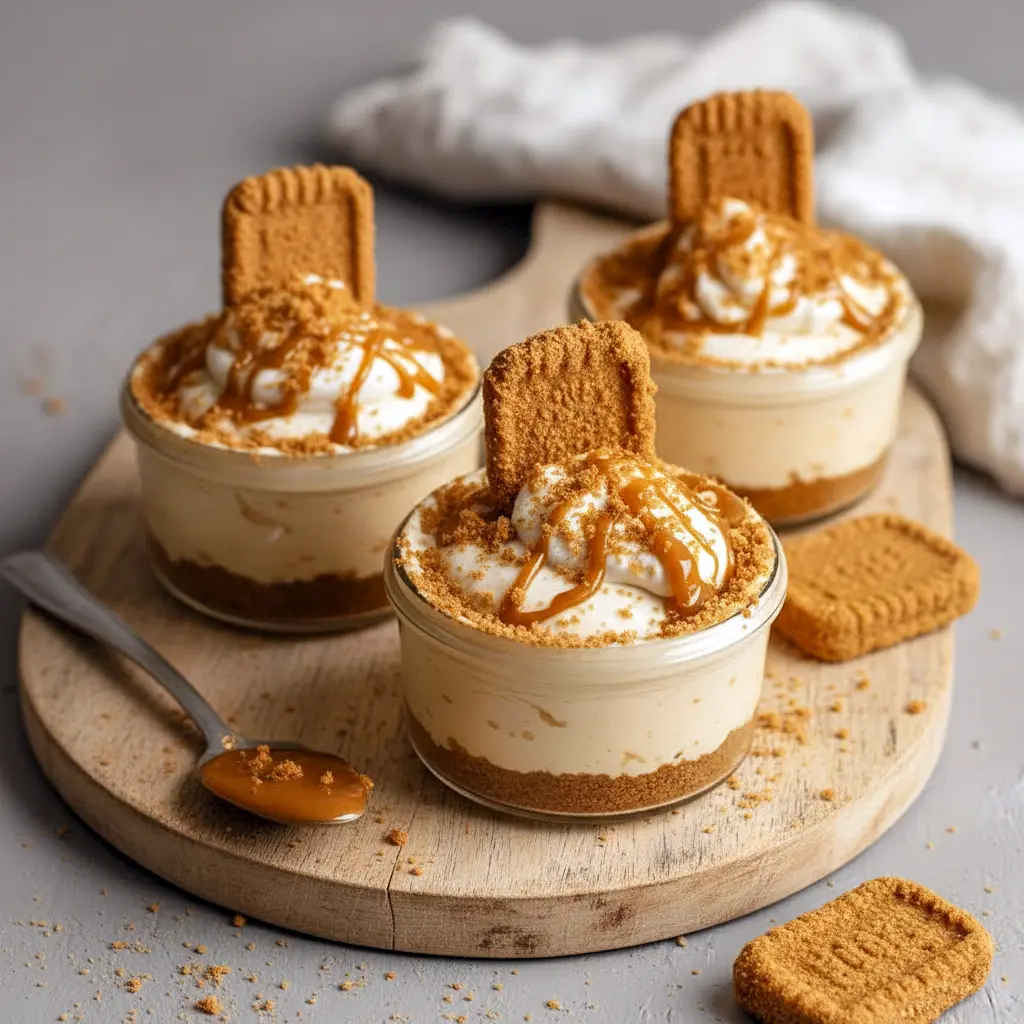 Close-up of No-bake Biscoff Cheesecake Cups in clear glasses showing crumbly Biscoff crust, creamy cheesecake filling, and a shiny cookie-butter swirl topped with a halved biscuit.