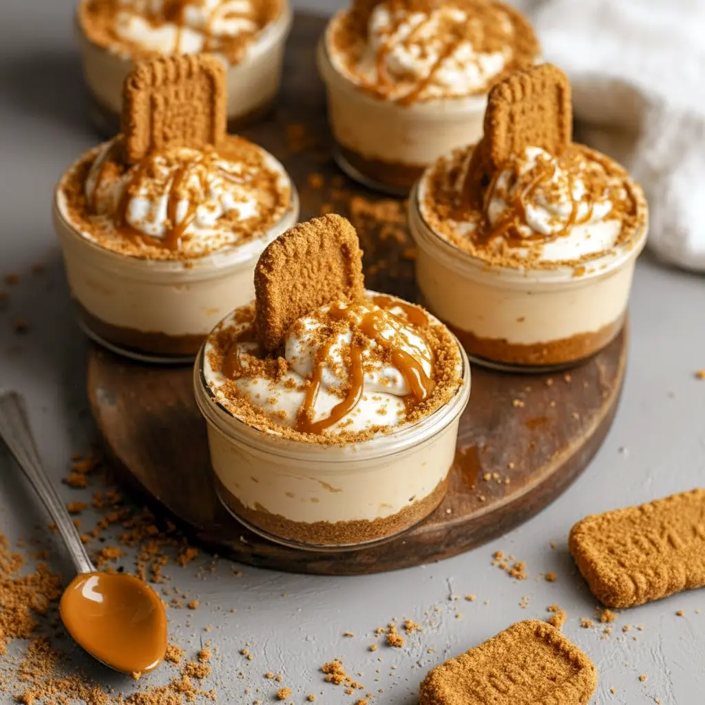 Close-up of No-bake Biscoff Cheesecake Cups in clear glasses showing crumbly Biscoff crust, creamy cheesecake filling, and a shiny cookie-butter swirl topped with a halved biscuit.
