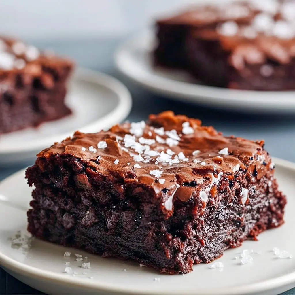Fudgy Greek Yogurt Brownies stacked on a plate, glossy dark centers and a few sprinkled chocolate chips for a rich, healthier treat.
