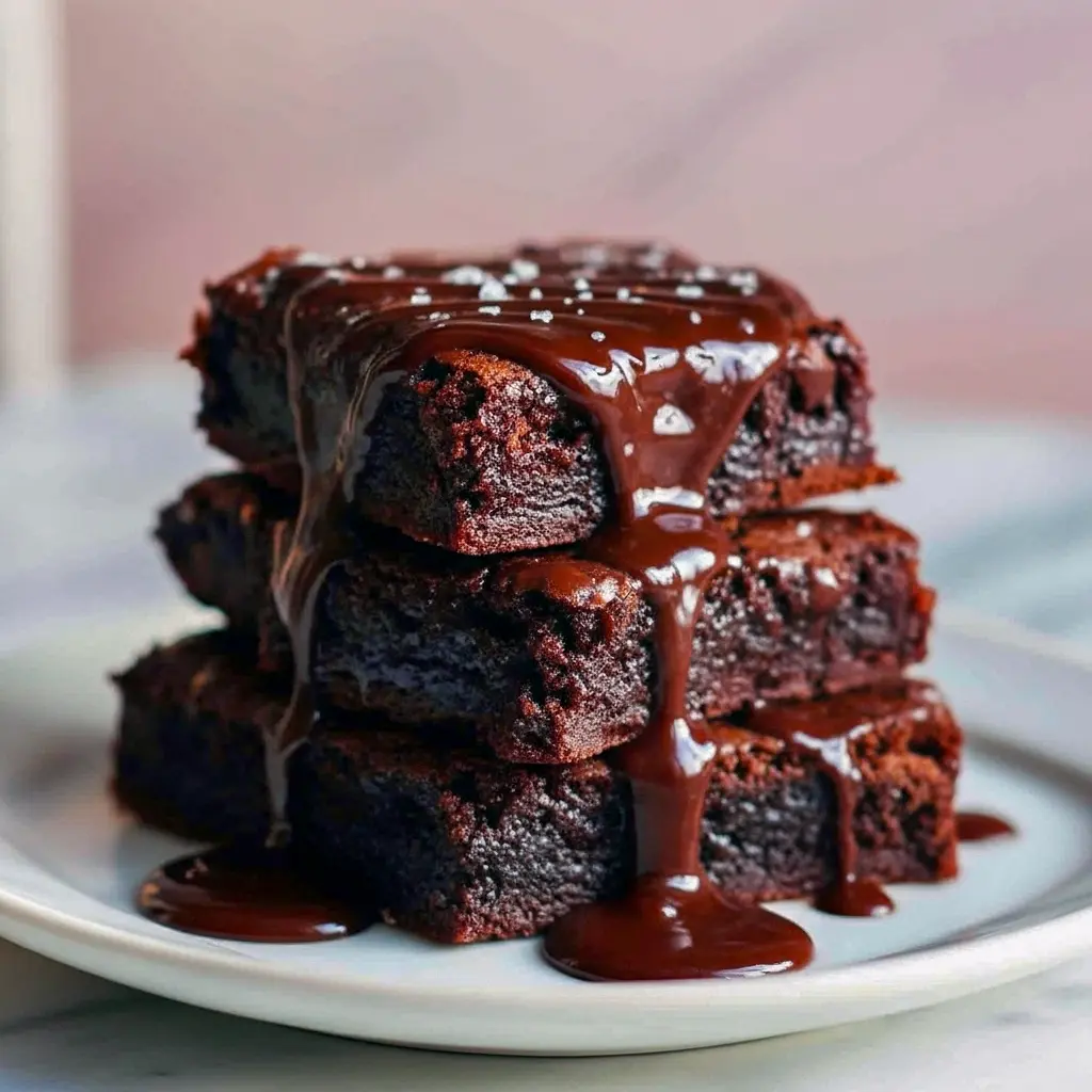 Fudgy Greek Yogurt Brownies stacked on a plate, glossy dark centers and a few sprinkled chocolate chips for a rich, healthier treat.