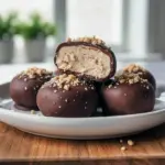 Peanut Butter Greek Yogurt Bites arranged on parchment, each coated in glossy dark chocolate with a sprinkle of flaky sea salt.