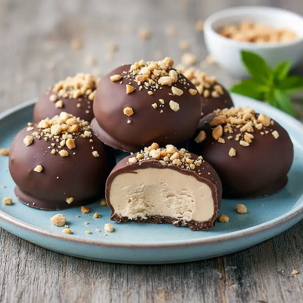 Peanut Butter Greek Yogurt Bites arranged on parchment, each coated in glossy dark chocolate with a sprinkle of flaky sea salt.