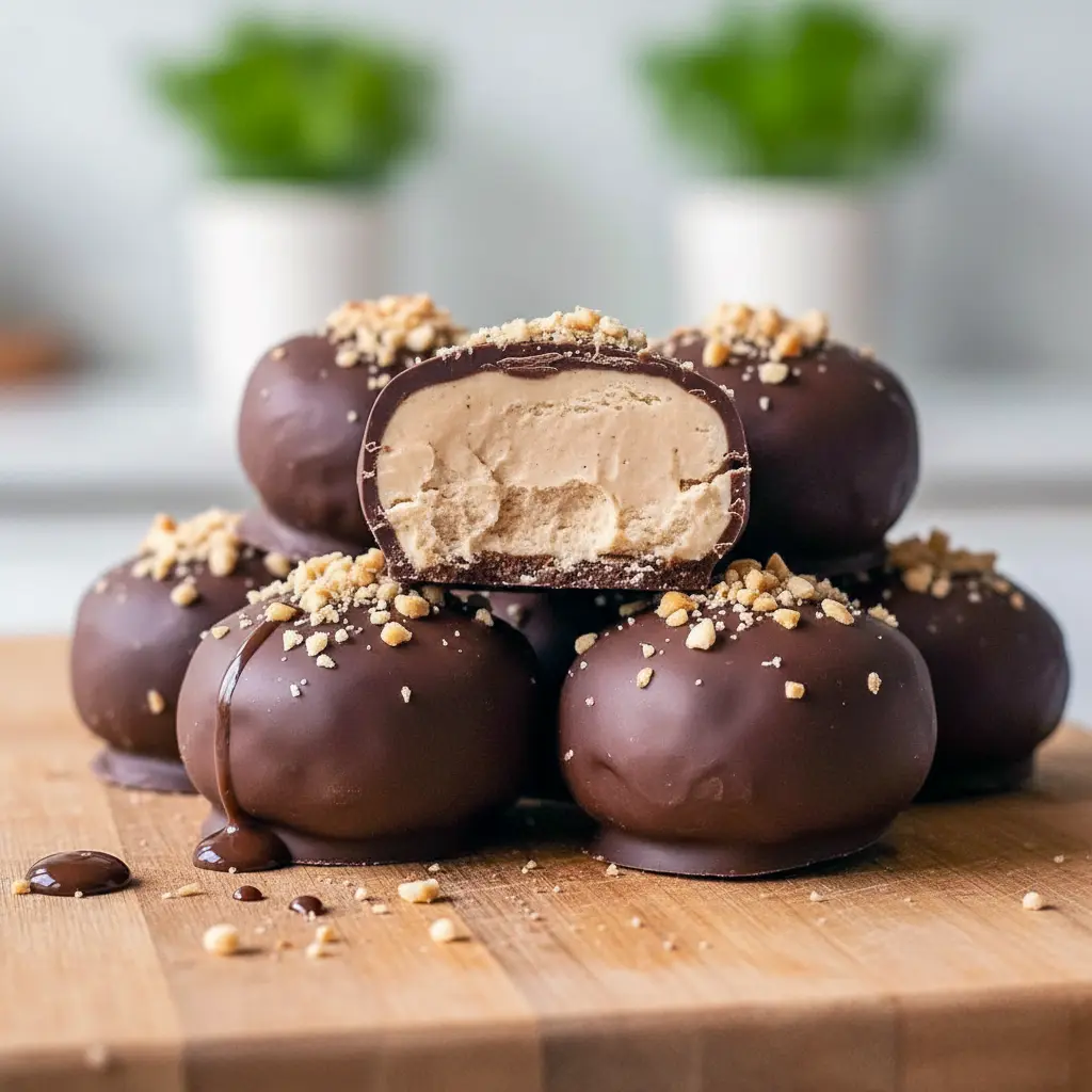 Peanut Butter Greek Yogurt Bites arranged on parchment, each coated in glossy dark chocolate with a sprinkle of flaky sea salt.