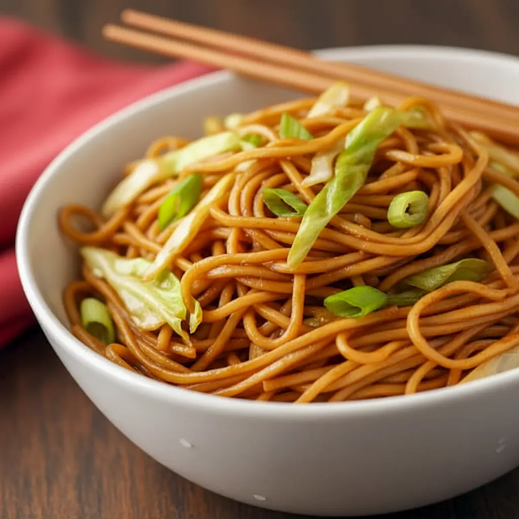 Close-up of Homemade Panda Express Chow Mein in a skillet: glossy chow mein noodles with shredded cabbage, sliced celery, and onions.