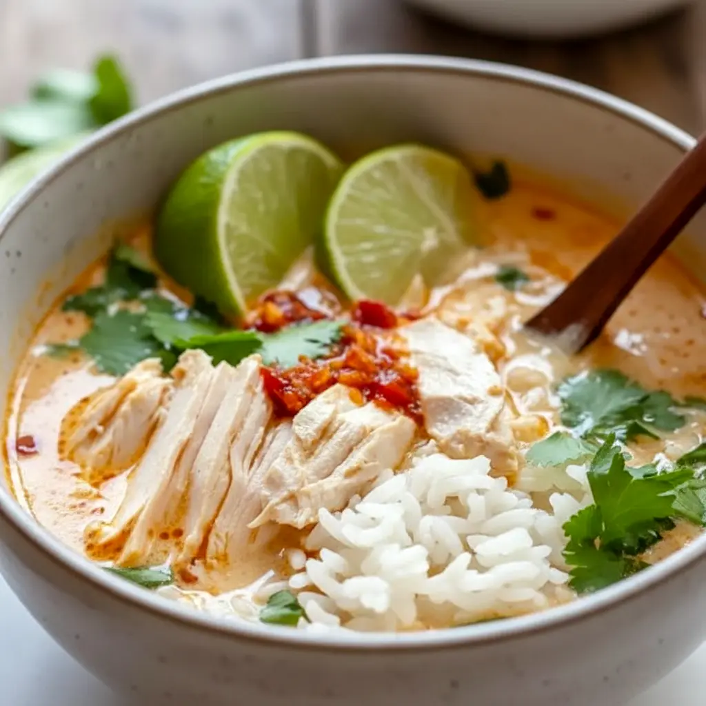 Bowl of Asian Dishes-style coconut chicken brothy rice with cilantro and lime wedge, steam rising.