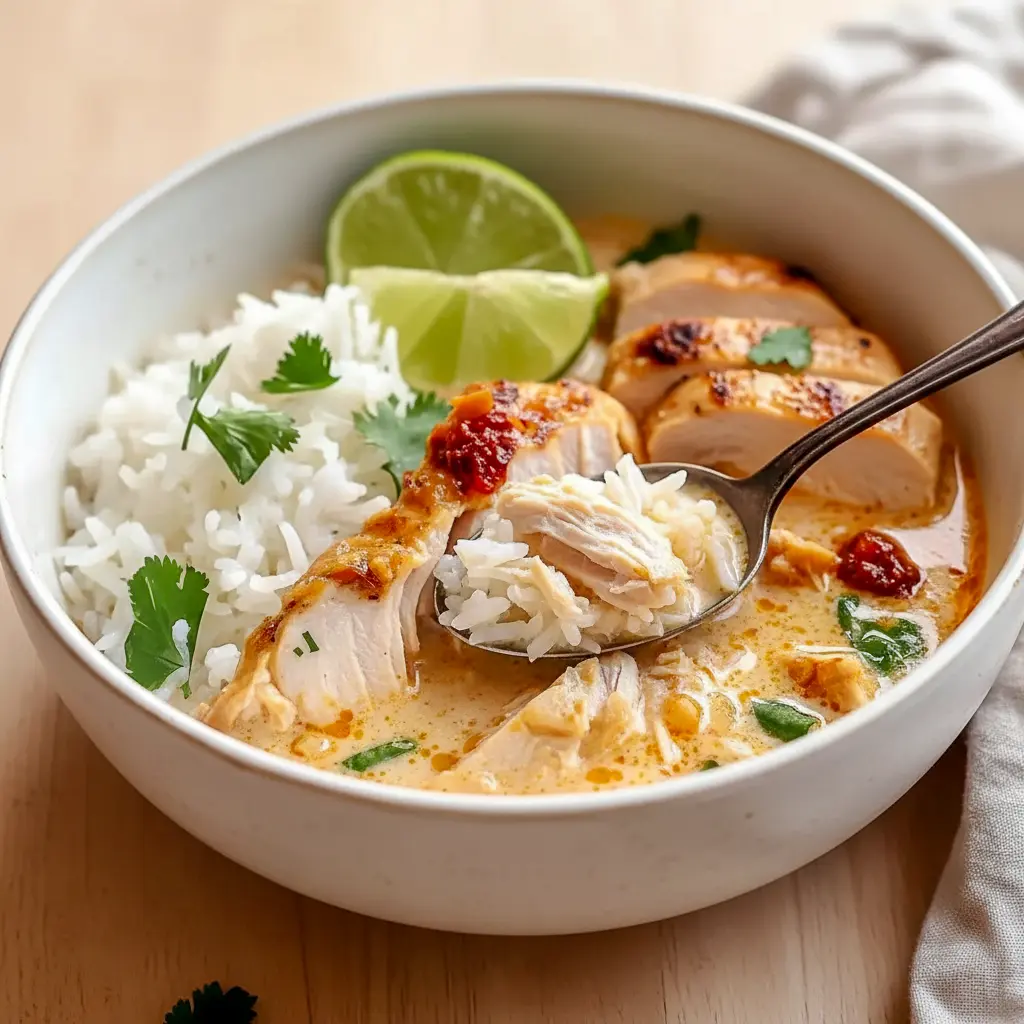 Bowl of Asian Dishes-style coconut chicken brothy rice with cilantro and lime wedge, steam rising.