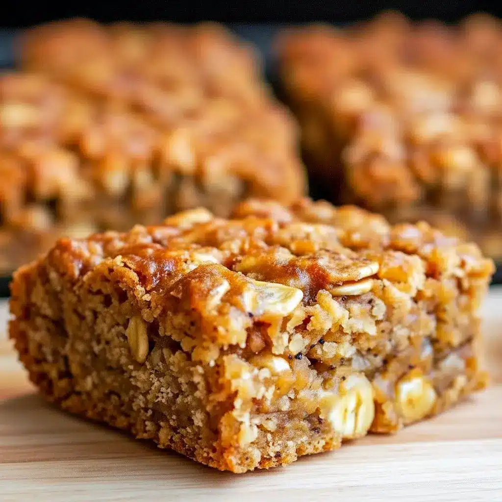 Wondering What To Do With Extra Bananas? Close-up of golden banana oatmeal bars cut into squares, showing a chewy oat-studded interior on a parchment-lined tray.