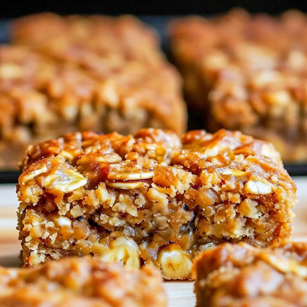 Wondering What To Do With Extra Bananas? Close-up of golden banana oatmeal bars cut into squares, showing a chewy oat-studded interior on a parchment-lined tray.