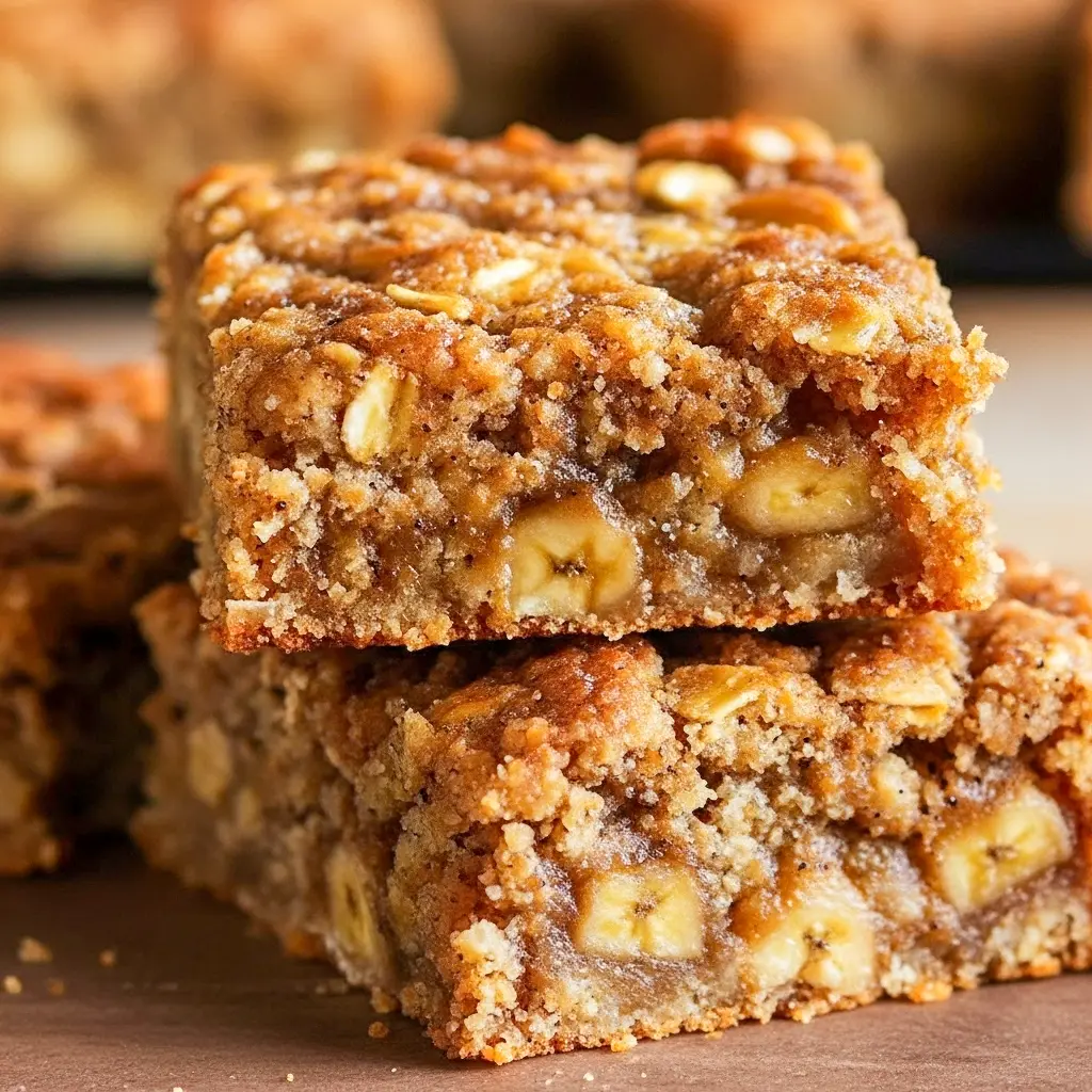 Wondering What To Do With Extra Bananas? Close-up of golden banana oatmeal bars cut into squares, showing a chewy oat-studded interior on a parchment-lined tray.