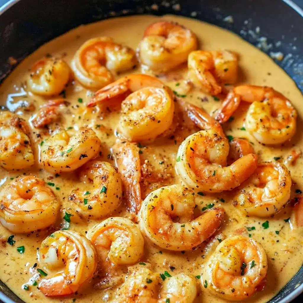 Photo of an Easy Affordable Dinner — close-up of creamy garlic shrimp in a skillet, shrimp coated in glossy Parmesan sauce with parsley, served over rice.