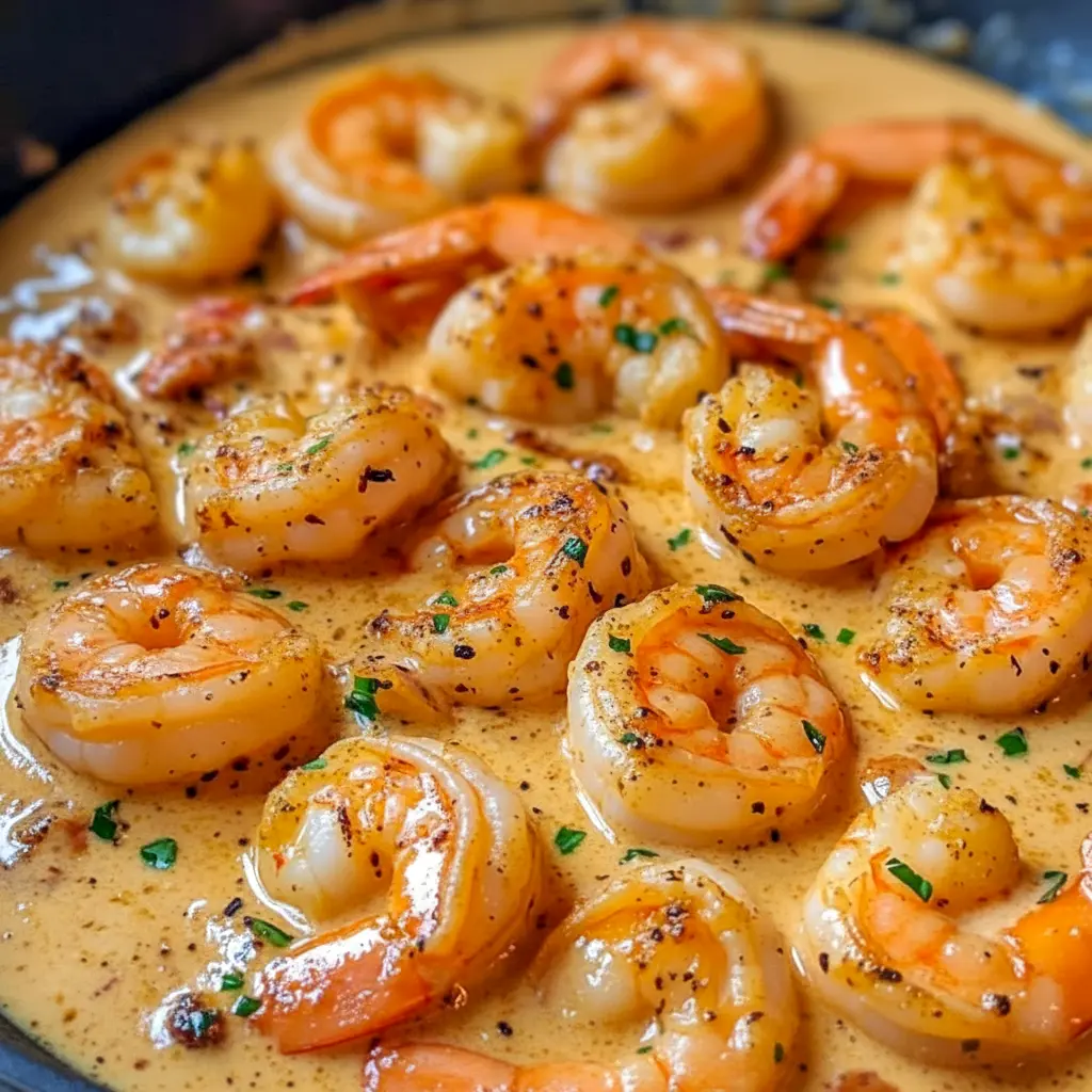 Photo of an Easy Affordable Dinner — close-up of creamy garlic shrimp in a skillet, shrimp coated in glossy Parmesan sauce with parsley, served over rice.