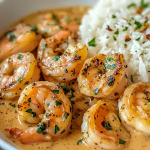 Photo of an Easy Affordable Dinner — close-up of creamy garlic shrimp in a skillet, shrimp coated in glossy Parmesan sauce with parsley, served over rice.