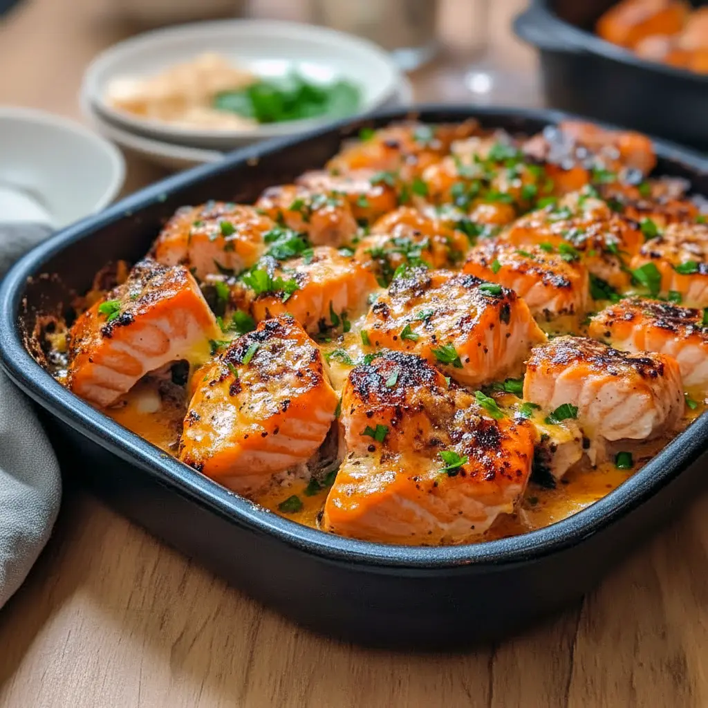 Baked Salmon Recipes — close-up of Bang Bang salmon fillet drizzled with chili-mayo sauce, sprinkled with sesame seeds and chopped green onions.