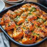 Baked Salmon Recipes — close-up of Bang Bang salmon fillet drizzled with chili-mayo sauce, sprinkled with sesame seeds and chopped green onions.