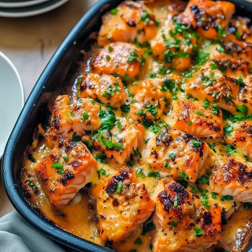 Baked Salmon Recipes — close-up of Bang Bang salmon fillet drizzled with chili-mayo sauce, sprinkled with sesame seeds and chopped green onions.