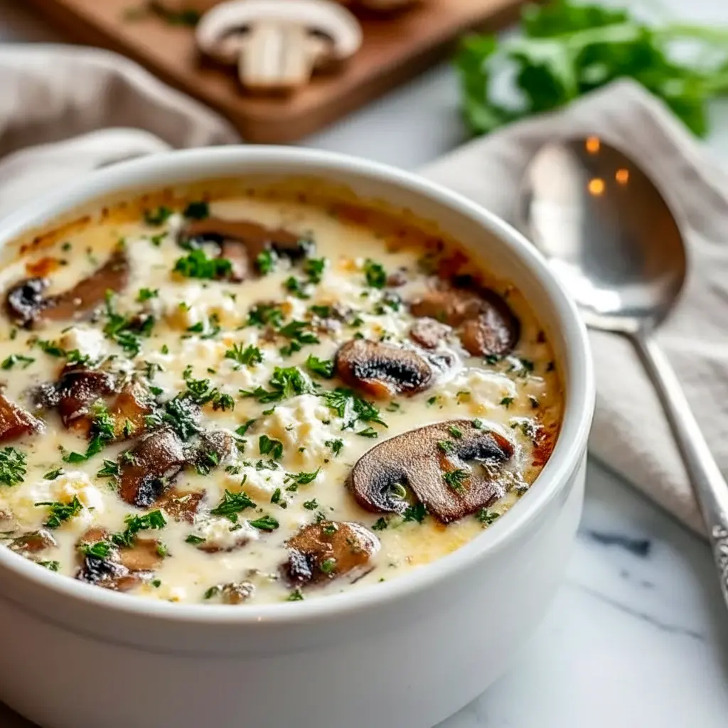 Bowl of Cottage Cheese Mushroom Soup garnished with parsley, showing creamy texture and sautéed mushroom bits — a cozy Healthy Filling Soup.