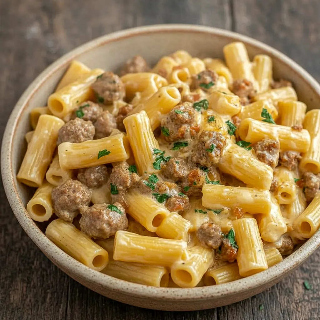 Close-up of creamy Sausage Rigatoni in a skillet, topped with parsley and grated Parmesan; tender Rigatoni ridges and browned sausage pieces visible.