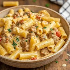 Close-up of creamy Sausage Rigatoni in a skillet, topped with parsley and grated Parmesan; tender Rigatoni ridges and browned sausage pieces visible.