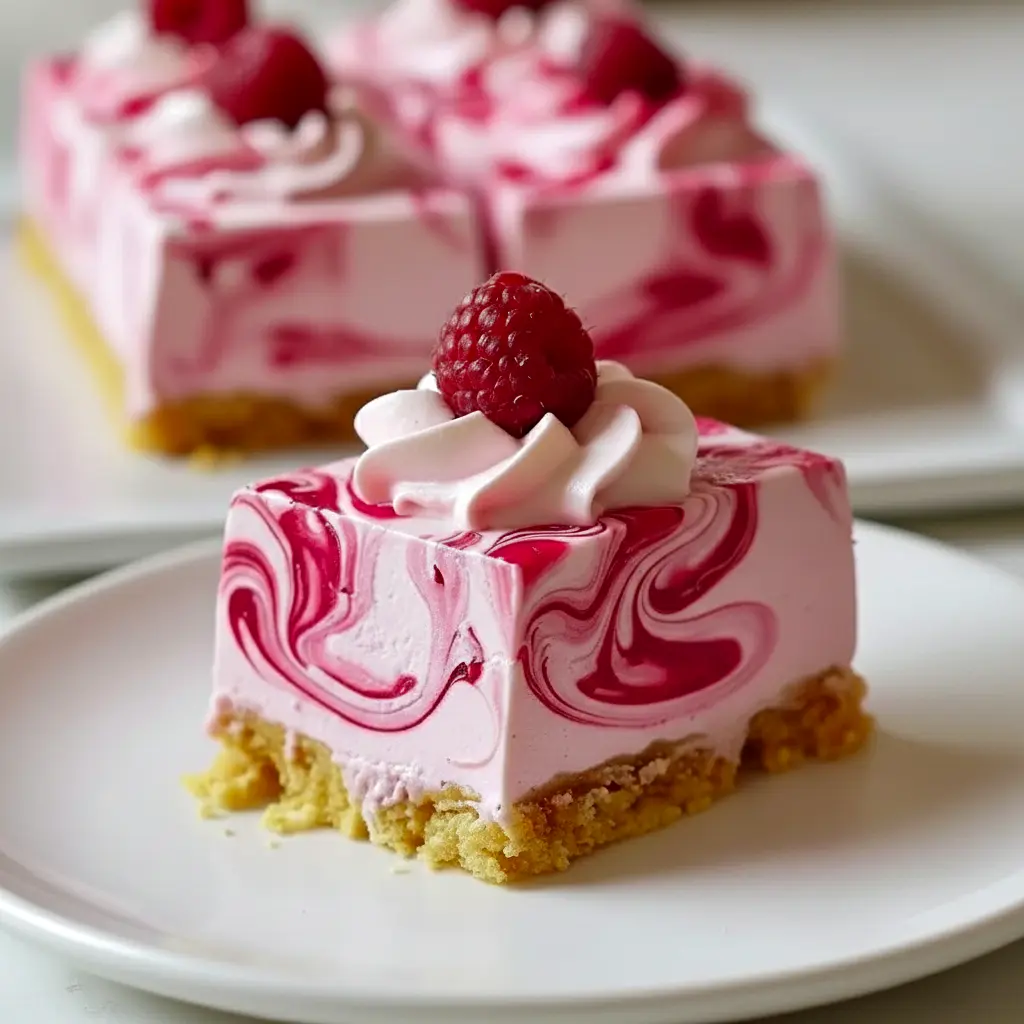 Close-up of a chilled slice of No-Bake Raspberry Swirl Cheesecake with vivid raspberry ribbons and a buttery graham crust — a tempting Raspberry No Bake Dessert for spring gatherings.