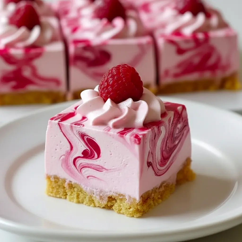 Close-up of a chilled slice of No-Bake Raspberry Swirl Cheesecake with vivid raspberry ribbons and a buttery graham crust — a tempting Raspberry No Bake Dessert for spring gatherings.