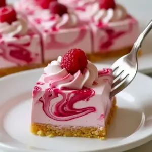 Close-up of a chilled slice of No-Bake Raspberry Swirl Cheesecake with vivid raspberry ribbons and a buttery graham crust — a tempting Raspberry No Bake Dessert for spring gatherings.