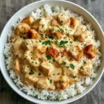 Skillet of golden Chicken Dinner Recipes—seared chicken breasts smothered in cheesy sauce, served atop white rice and garnished with parsley (perfect Fast Dinners idea).