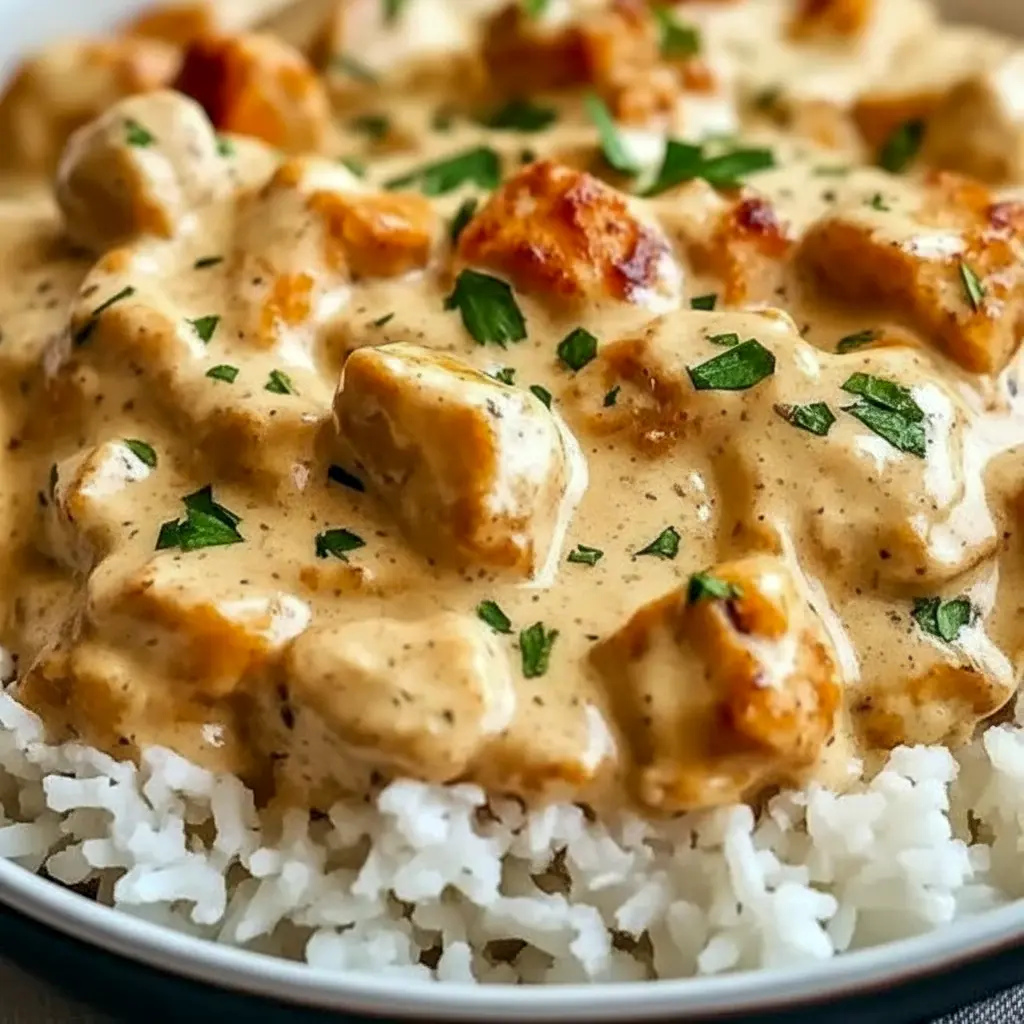 Skillet of golden Chicken Dinner Recipes—seared chicken breasts smothered in cheesy sauce, served atop white rice and garnished with parsley (perfect Fast Dinners idea).