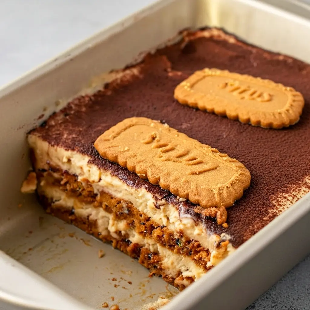 Layered jar of Easy Biscoff Tiramisu with coffee-soaked Biscoff cookies, mascarpone cream, and a dusting of cocoa.