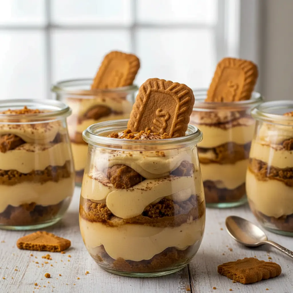 Layered jar of Easy Biscoff Tiramisu with coffee-soaked Biscoff cookies, mascarpone cream, and a dusting of cocoa.