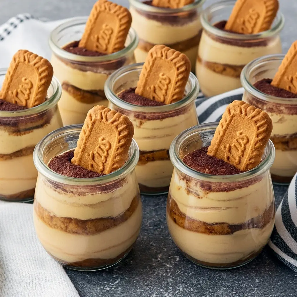 Layered jar of Easy Biscoff Tiramisu with coffee-soaked Biscoff cookies, mascarpone cream, and a dusting of cocoa.