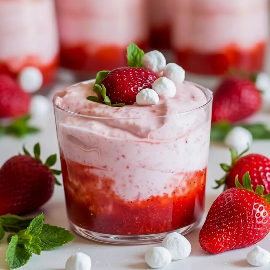 Fresh Strawberry Mousse in clear glasses, layered with strawberry purée and topped with sliced berries — a fresh Strawberry Mousse Dessert ideal for picnics and parties.