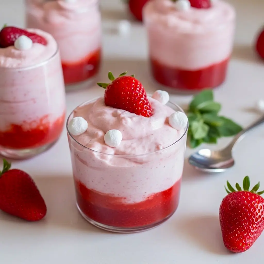Fresh Strawberry Mousse in clear glasses, layered with strawberry purée and topped with sliced berries — a fresh Strawberry Mousse Dessert ideal for picnics and parties.