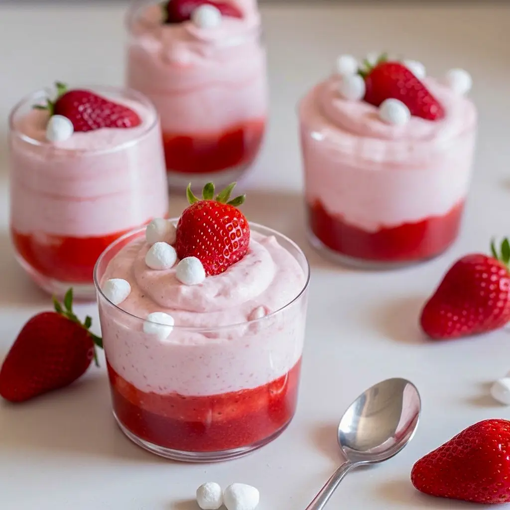 Fresh Strawberry Mousse in clear glasses, layered with strawberry purée and topped with sliced berries — a fresh Strawberry Mousse Dessert ideal for picnics and parties.