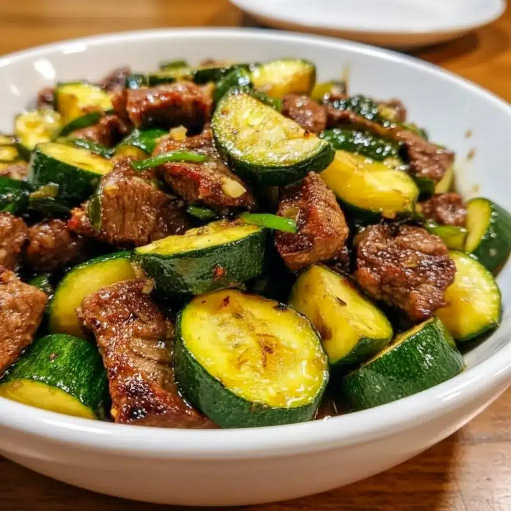 Skillet of sizzling Healthy Dinner With Meat — browned garlic-butter steak cubes and sautéed zucchini garnished with parsley; a simple Dinner Low Carb Recipes option.