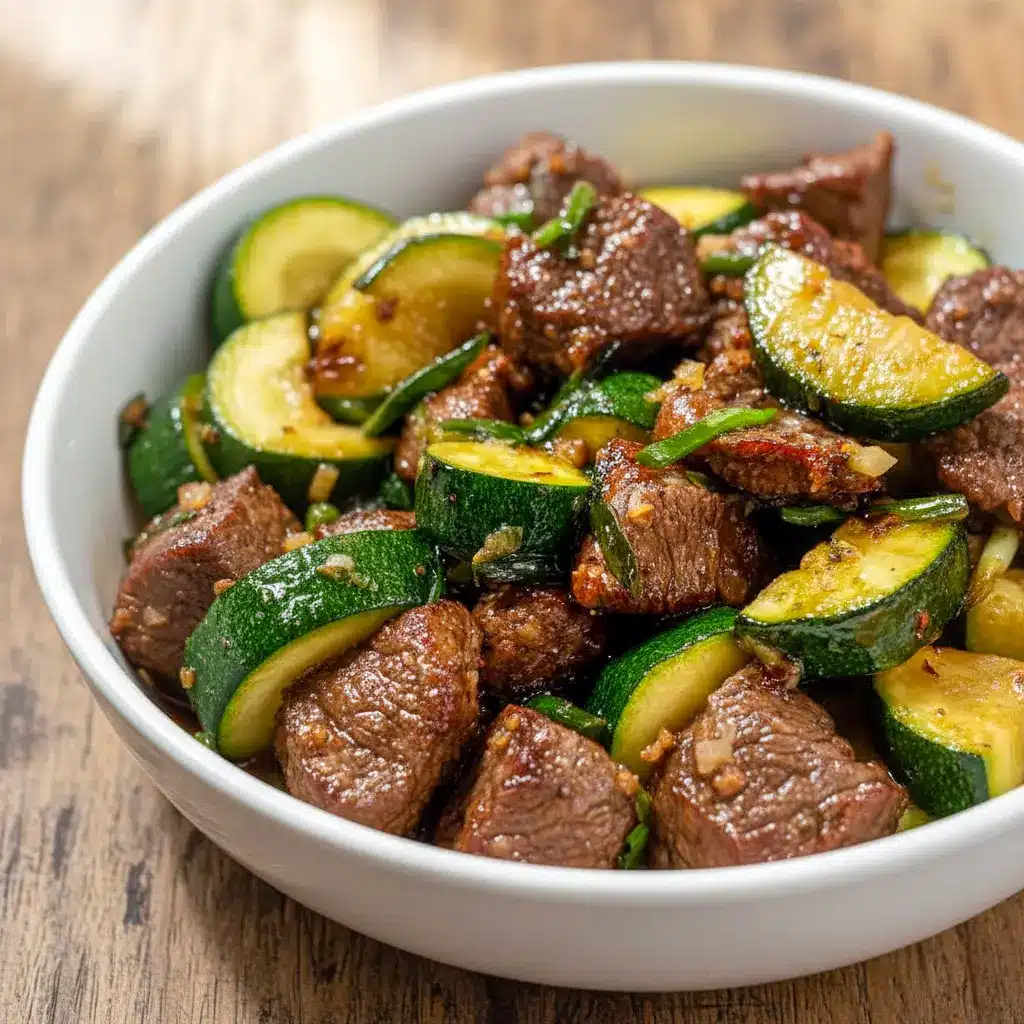 Skillet of sizzling Healthy Dinner With Meat — browned garlic-butter steak cubes and sautéed zucchini garnished with parsley; a simple Dinner Low Carb Recipes option.