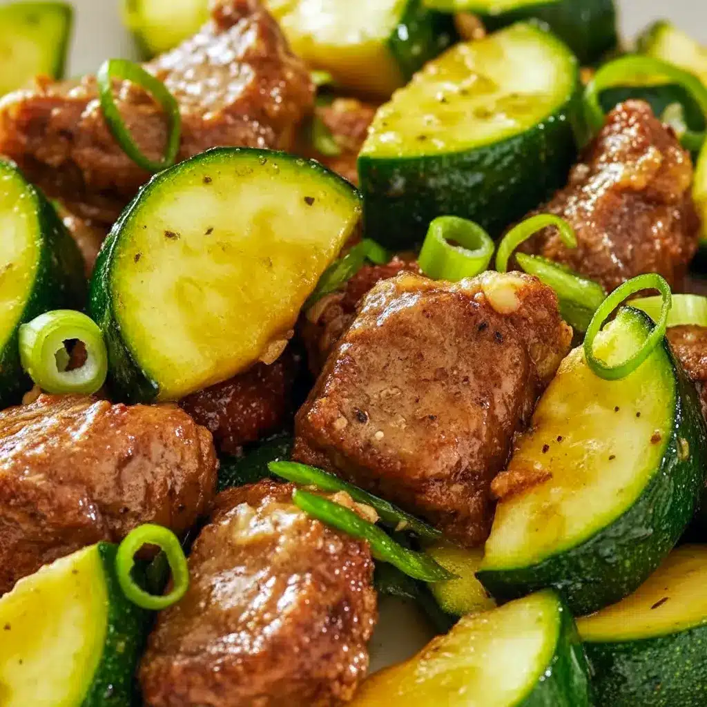 Skillet of sizzling Healthy Dinner With Meat — browned garlic-butter steak cubes and sautéed zucchini garnished with parsley; a simple Dinner Low Carb Recipes option.