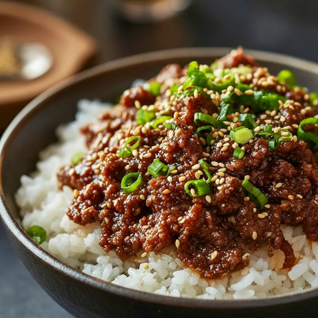 Korean Ground Beef Bowl — close-up of a bowl with seasoned ground beef, a runny fried egg, sliced cucumber, sesame seeds, and scallions; a simple Asian Beef Bowl ready to eat.